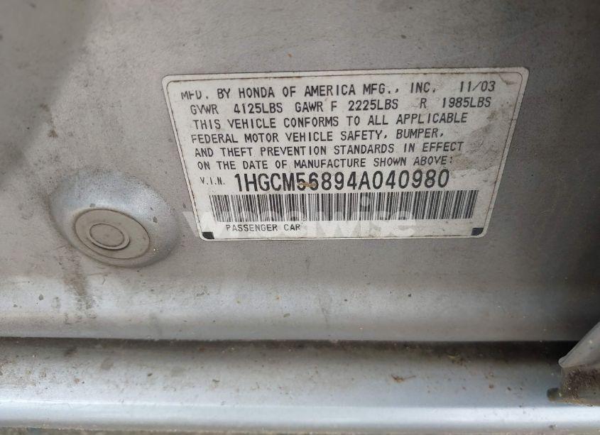 Photo 9 of 2004 Honda Accord 2.4 EX (VIN 1HGCM56894A040980)