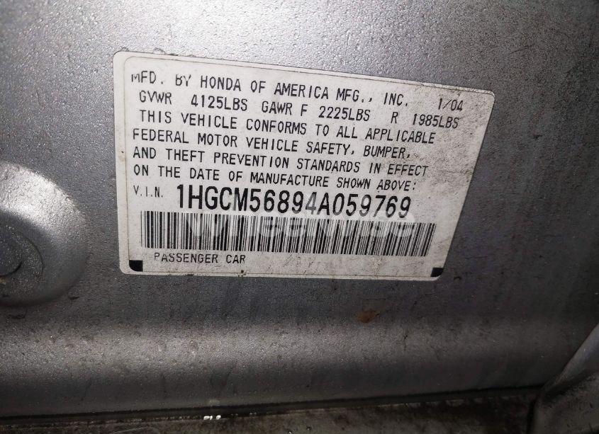 Photo 9 of 2004 Honda Accord 2.4 EX (VIN 1HGCM56894A059769)