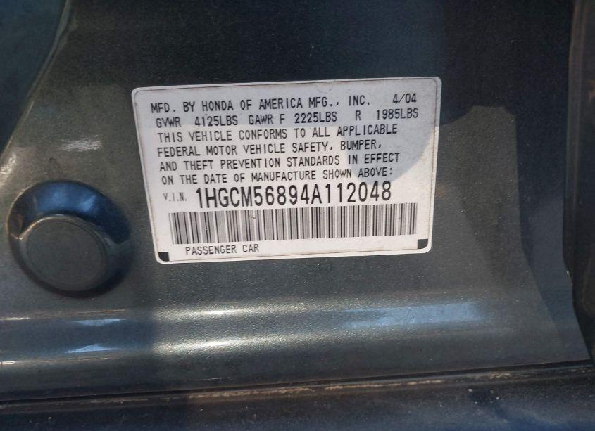 Photo 9 of 2004 Honda Accord 2.4 EX (VIN 1HGCM56894A112048)