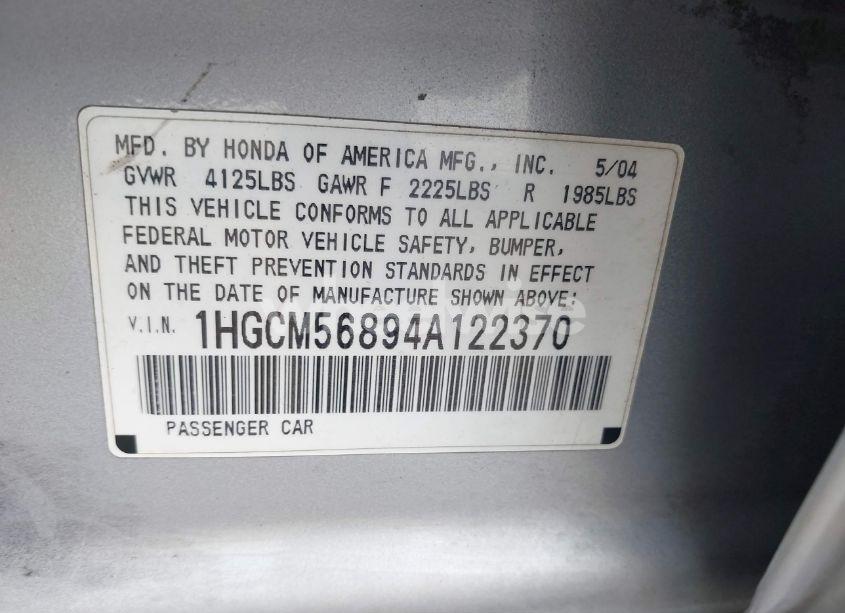 Photo 9 of 2004 Honda Accord 2.4 EX (VIN 1HGCM56894A122370)