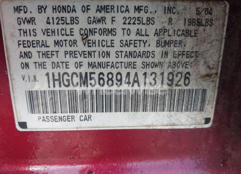 Photo 9 of 2004 Honda Accord 2.4 EX (VIN 1HGCM56894A131926)