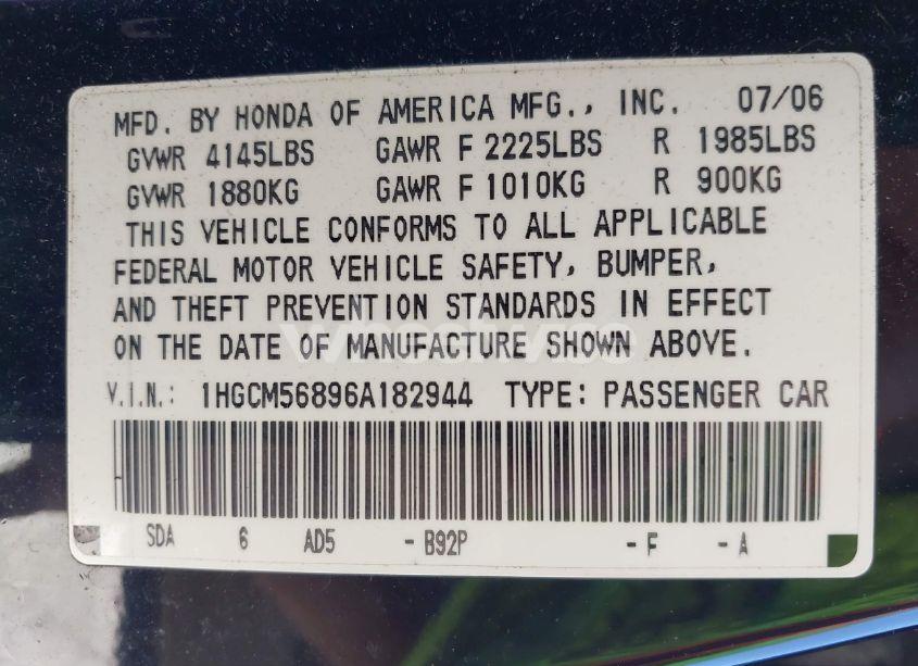 Photo 9 of 2006 Honda Accord 2.4 EX (VIN 1HGCM56896A182944)