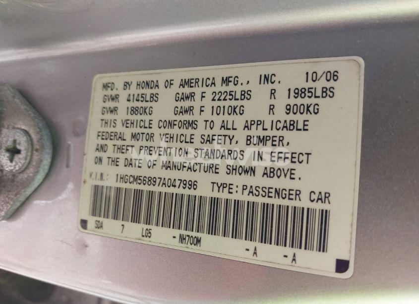 Photo 9 of 2007 Honda Accord 2.4 EX (VIN 1HGCM56897A047996)