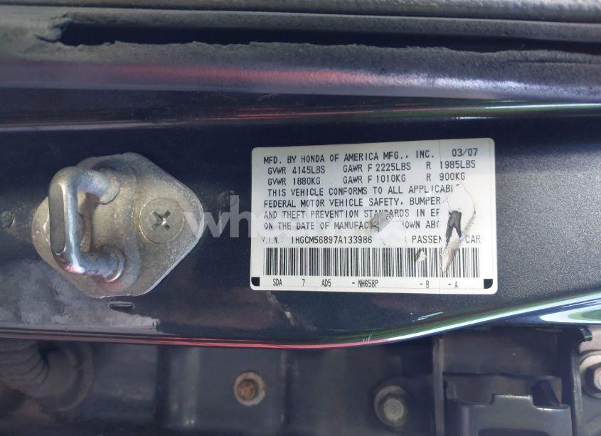 Photo 9 of 2007 Honda Accord 2.4 EX (VIN 1HGCM56897A133986)