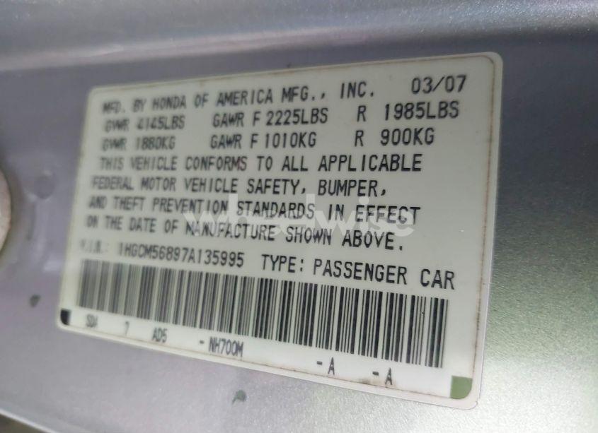 Photo 9 of 2007 Honda Accord 2.4 EX (VIN 1HGCM56897A135995)