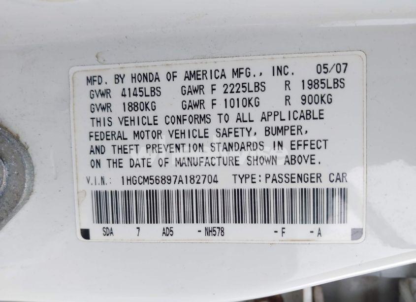 Photo 9 of 2007 Honda Accord 2.4 EX (VIN 1HGCM56897A182704)