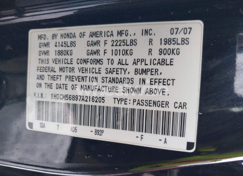 Photo 9 of 2007 Honda Accord 2.4 EX (VIN 1HGCM56897A216205)