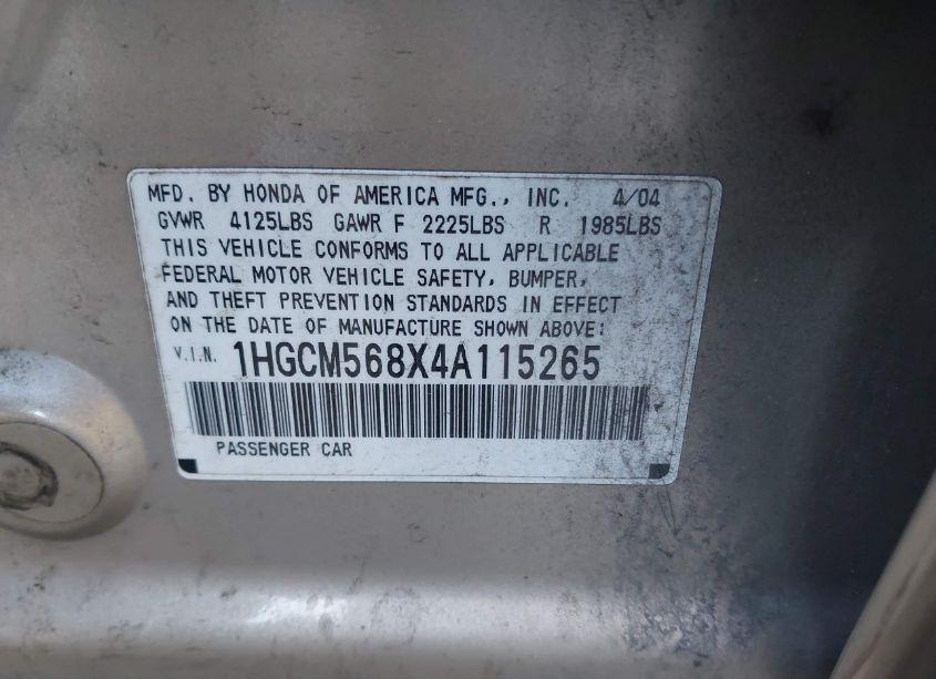 Photo 9 of 2004 Honda Accord 2.4 EX (VIN 1HGCM568X4A115265)