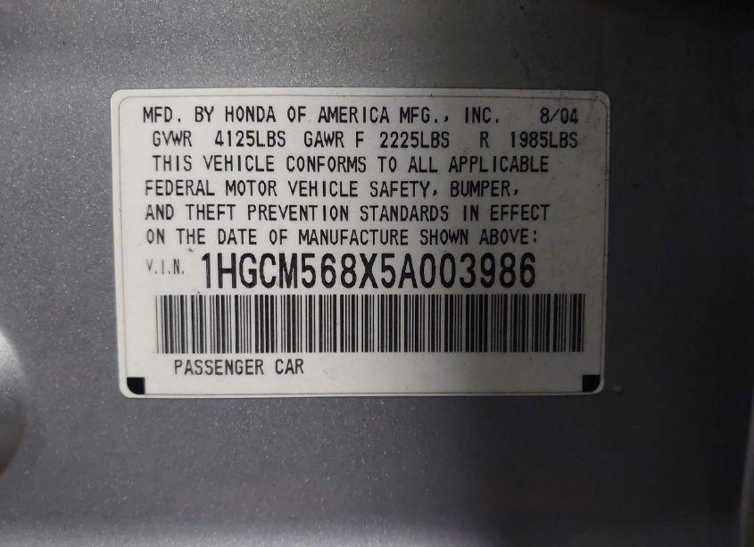 Photo 9 of 2005 Honda Accord 2.4 EX (VIN 1HGCM568X5A003986)