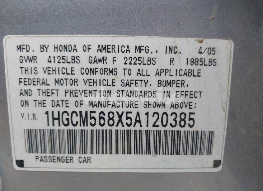 Photo 9 of 2005 Honda Accord 2.4 EX (VIN 1HGCM568X5A120385)