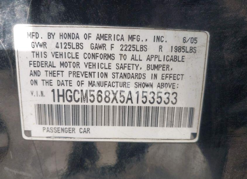 Photo 9 of 2005 Honda Accord 2.4 EX (VIN 1HGCM568X5A153533)