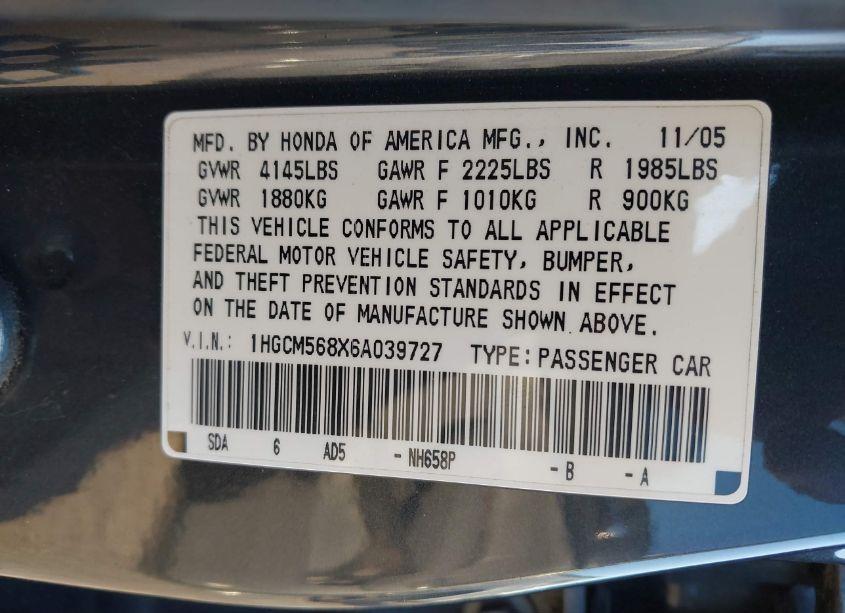 Photo 9 of 2006 Honda Accord 2.4 EX (VIN 1HGCM568X6A039727)
