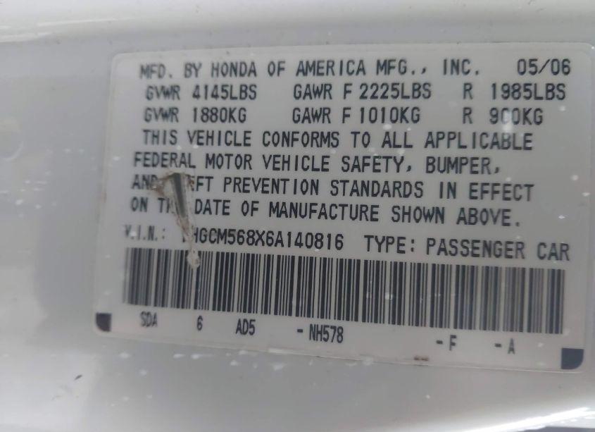 Photo 9 of 2006 Honda Accord 2.4 EX (VIN 1HGCM568X6A140816)