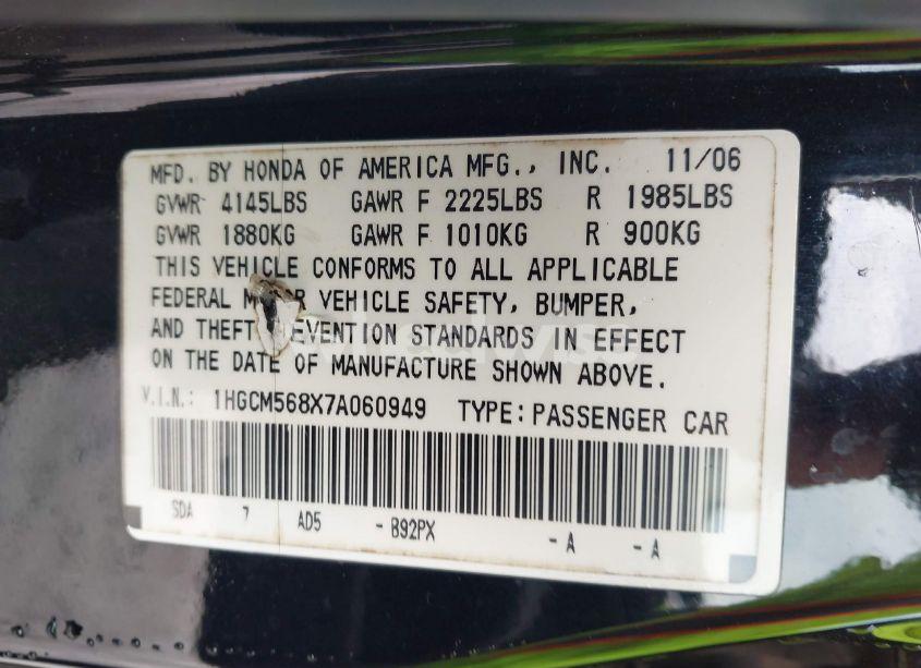 Photo 9 of 2007 Honda Accord 2.4 EX (VIN 1HGCM568X7A060949)