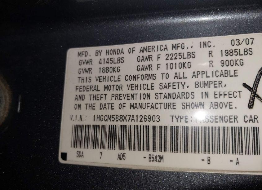 Photo 9 of 2007 Honda Accord 2.4 EX (VIN 1HGCM568X7A126903)