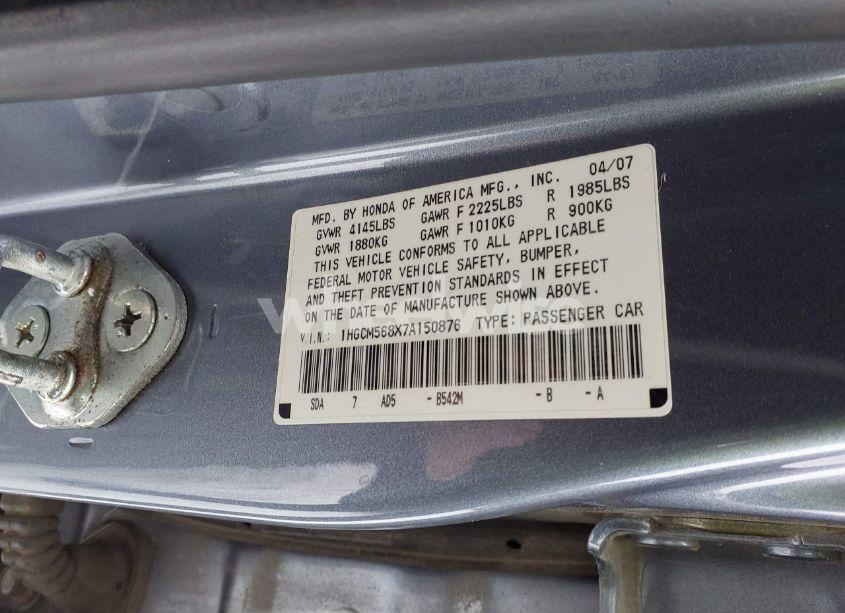Photo 9 of 2007 Honda Accord 2.4 EX (VIN 1HGCM568X7A150876)