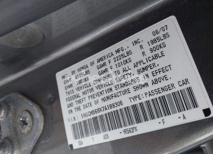 Photo 9 of 2007 Honda Accord 2.4 EX (VIN 1HGCM568X7A189306)