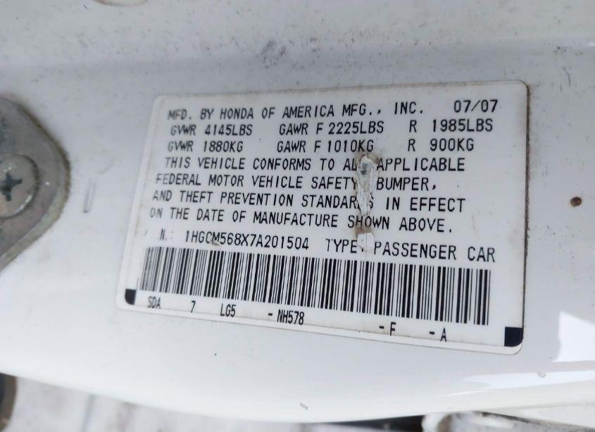 Photo 9 of 2007 Honda Accord 2.4 EX (VIN 1HGCM568X7A201504)