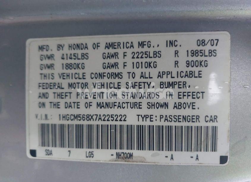 Photo 9 of 2007 Honda Accord 2.4 EX (VIN 1HGCM568X7A225222)
