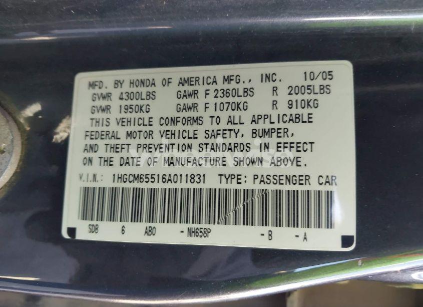 Photo 9 of 2006 Honda Accord 3.0 EX (VIN 1HGCM65516A011831)