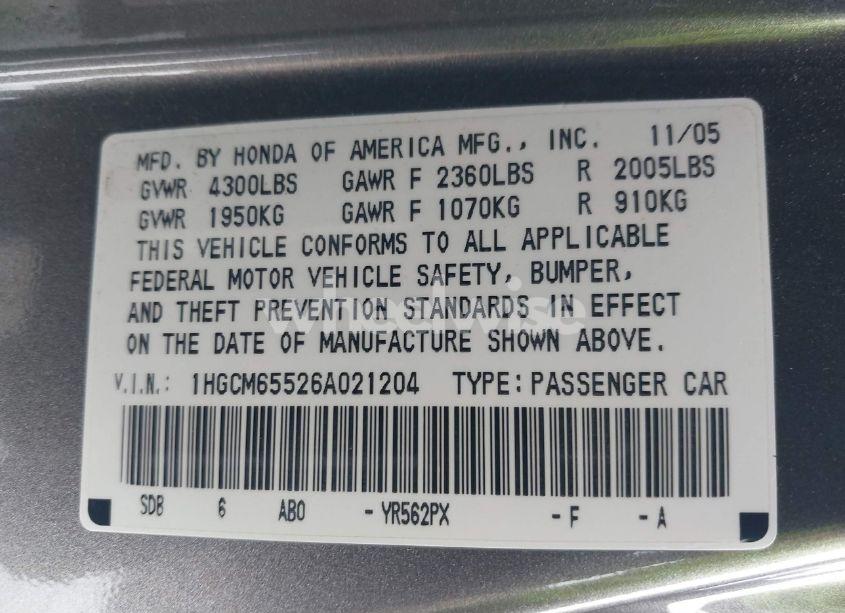 Photo 9 of 2006 Honda Accord 3.0 EX (VIN 1HGCM65526A021204)