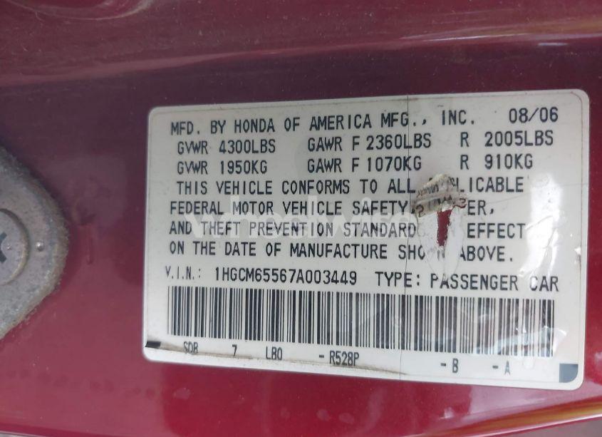 Photo 9 of 2007 Honda Accord 3.0 EX (VIN 1HGCM65567A003449)