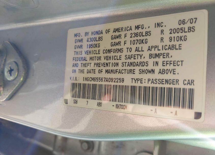 Photo 9 of 2007 Honda Accord 3.0 EX (VIN 1HGCM65567A092259)