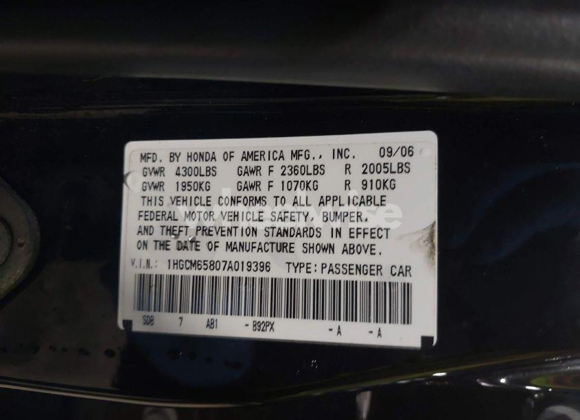 Photo 9 of 2007 Honda Accord 3.0 EX (VIN 1HGCM65807A019396)