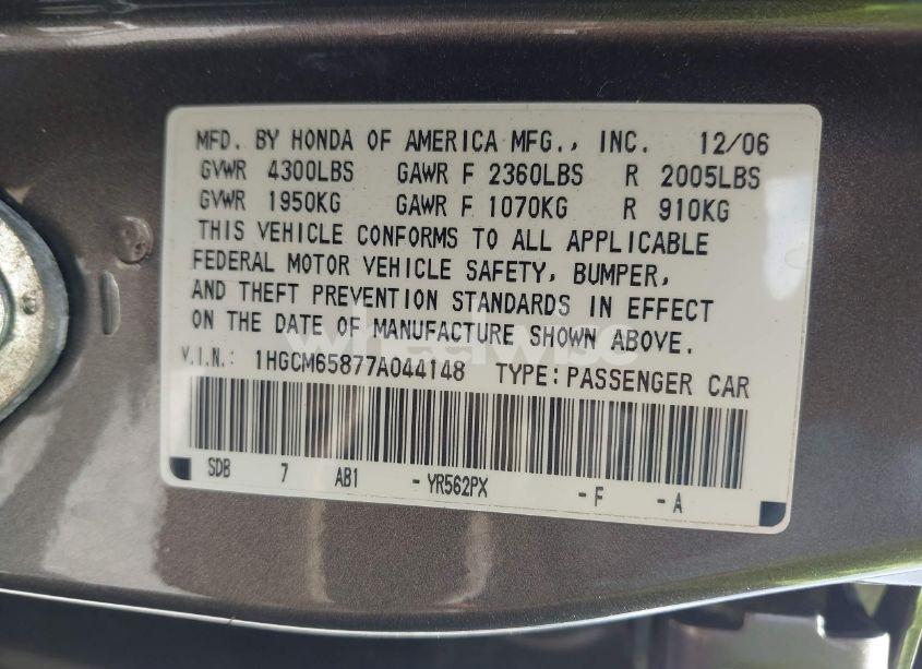 Photo 9 of 2007 Honda Accord 3.0 EX (VIN 1HGCM65877A044148)
