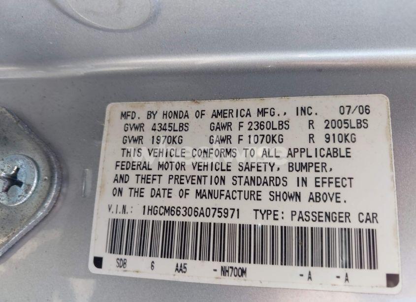 Photo 9 of 2006 Honda Accord 3.0 LX (VIN 1HGCM66306A075971)