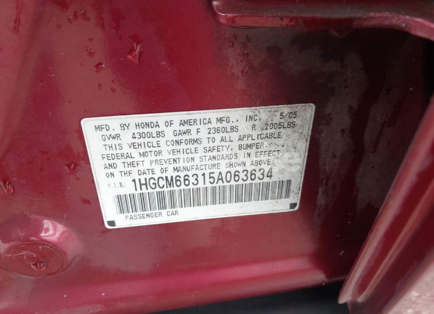 Photo 9 of 2005 Honda Accord 3.0 LX (VIN 1HGCM66315A063634)