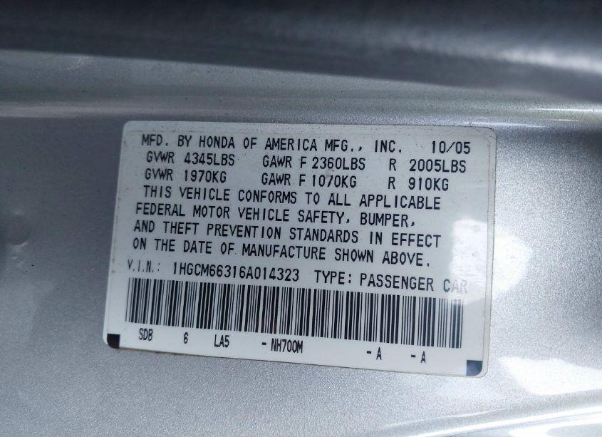 Photo 9 of 2006 Honda Accord 3.0 LX (VIN 1HGCM66316A014323)
