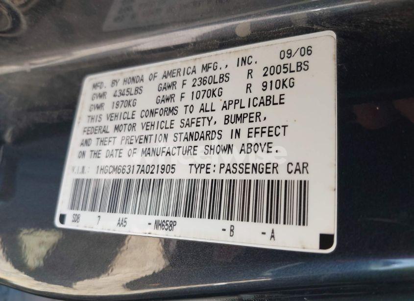 Photo 9 of 2007 Honda Accord 3.0 LX (VIN 1HGCM66317A021905)