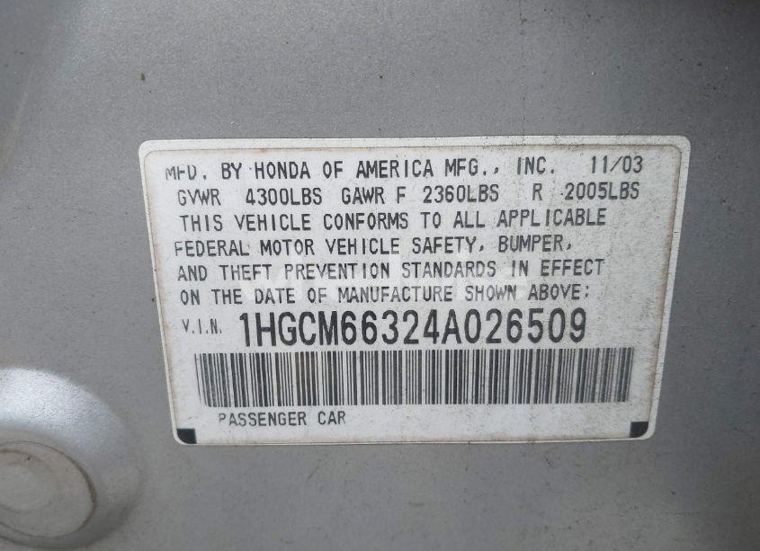 Photo 9 of 2004 Honda Accord 3.0 LX (VIN 1HGCM66324A026509)