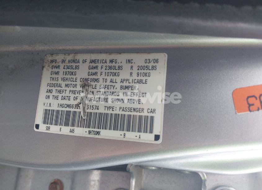 Photo 9 of 2006 Honda Accord 3.0 LX (VIN 1HGCM66326A051574)