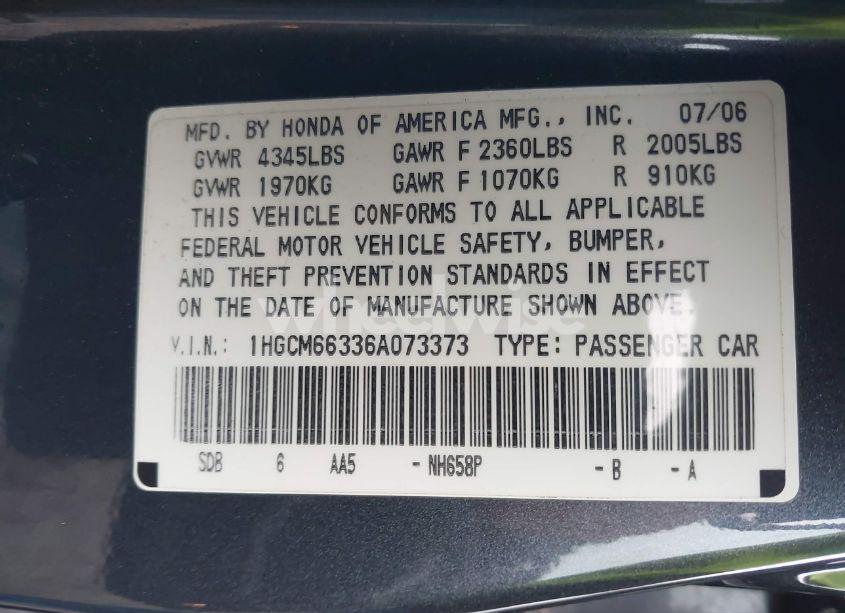 Photo 9 of 2006 Honda Accord 3.0 LX (VIN 1HGCM66336A073373)