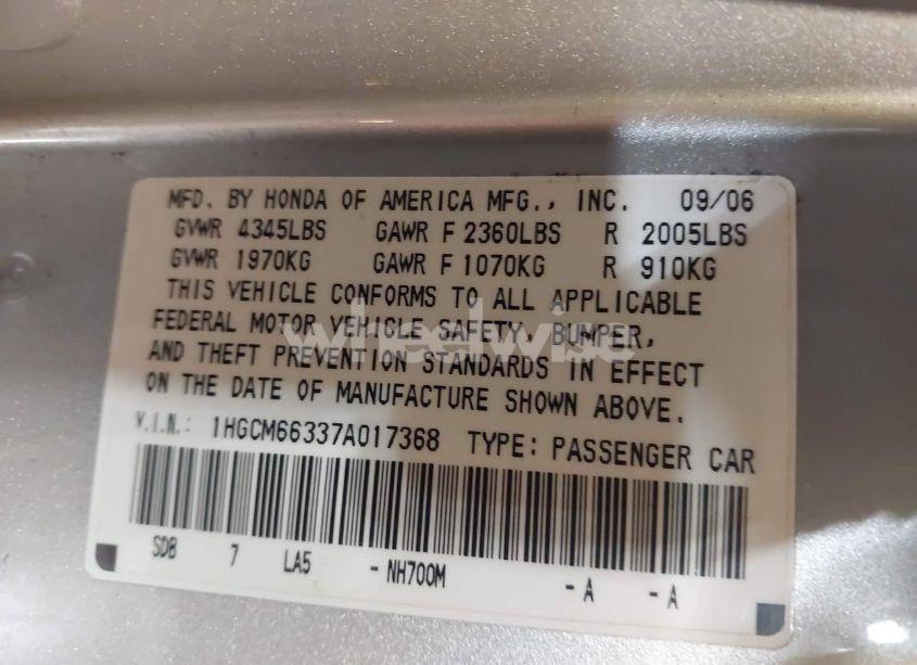 Photo 9 of 2007 Honda Accord 3.0 LX (VIN 1HGCM66337A017368)