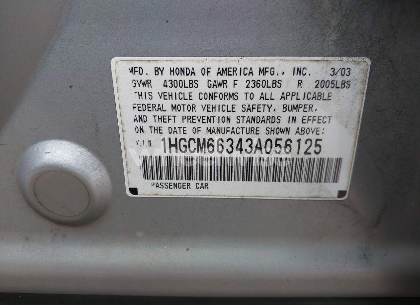 Photo 9 of 2003 Honda Accord 3.0 LX (VIN 1HGCM66343A056125)