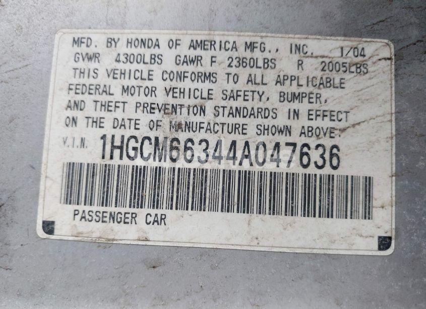 Photo 9 of 2004 Honda Accord 3.0 LX (VIN 1HGCM66344A047636)