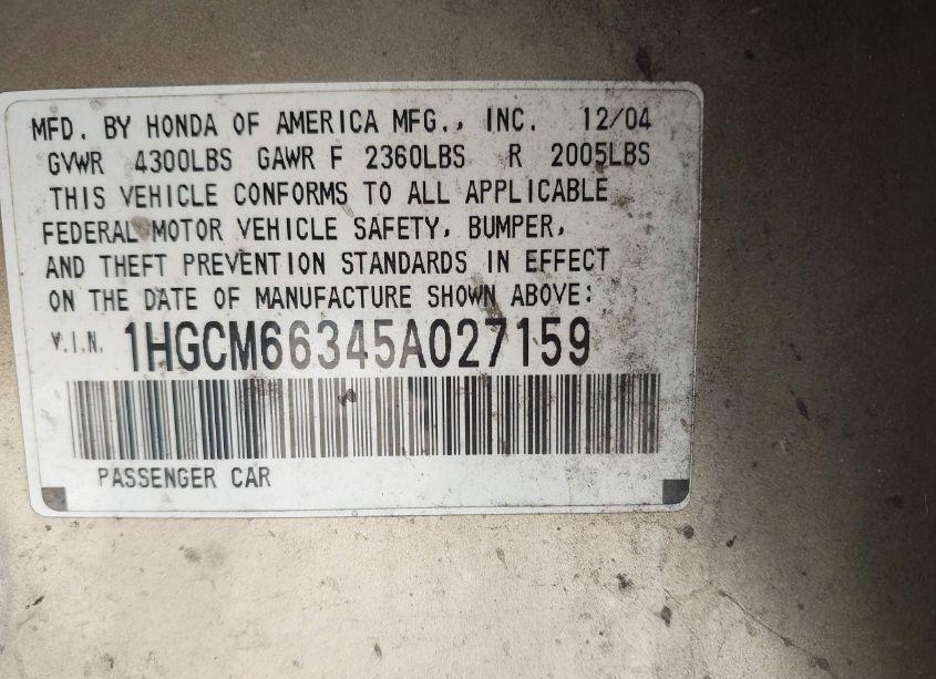 Photo 9 of 2005 Honda Accord LX (VIN 1HGCM66345A027159)