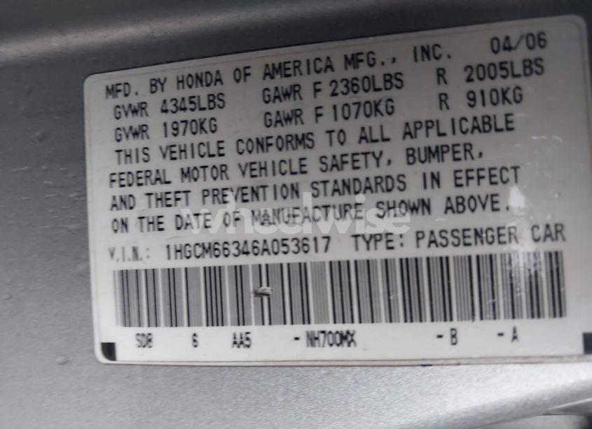 Photo 9 of 2006 Honda Accord 3.0 LX (VIN 1HGCM66346A053617)