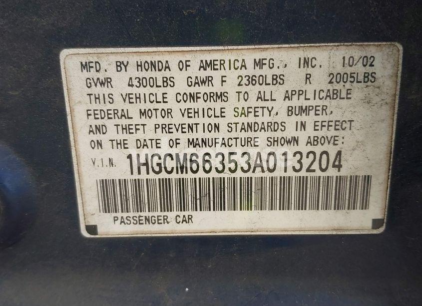 Photo 9 of 2003 Honda Accord 3.0 LX (VIN 1HGCM66353A013204)