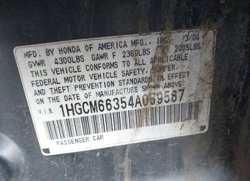 Photo 9 of 2004 Honda Accord 3.0 LX (VIN 1HGCM66354A059567)