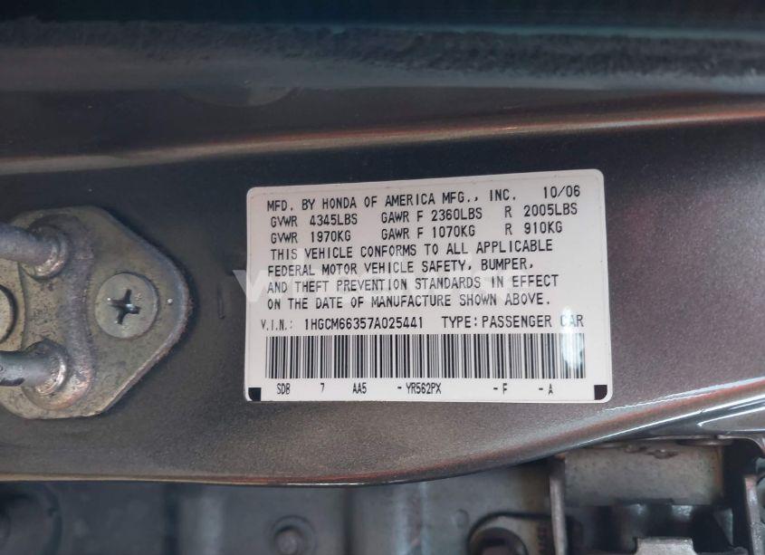 Photo 9 of 2007 Honda Accord 3.0 LX (VIN 1HGCM66357A025441)