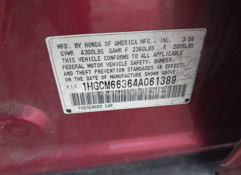 Photo 9 of 2004 Honda Accord 3.0 LX (VIN 1HGCM66364A061389)