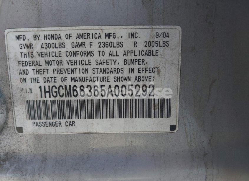 Photo 9 of 2005 Honda Accord 3.0 LX (VIN 1HGCM66365A005292)