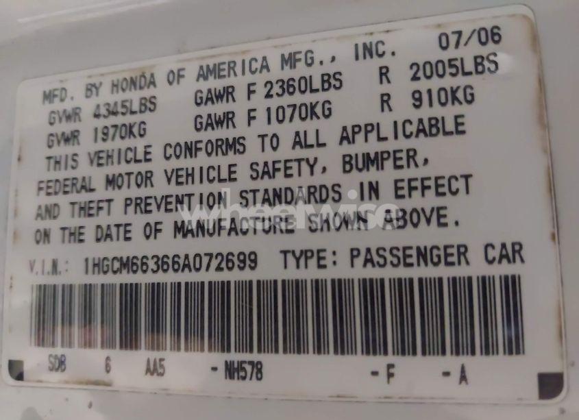 Photo 9 of 2006 Honda Accord 3.0 LX (VIN 1HGCM66366A072699)