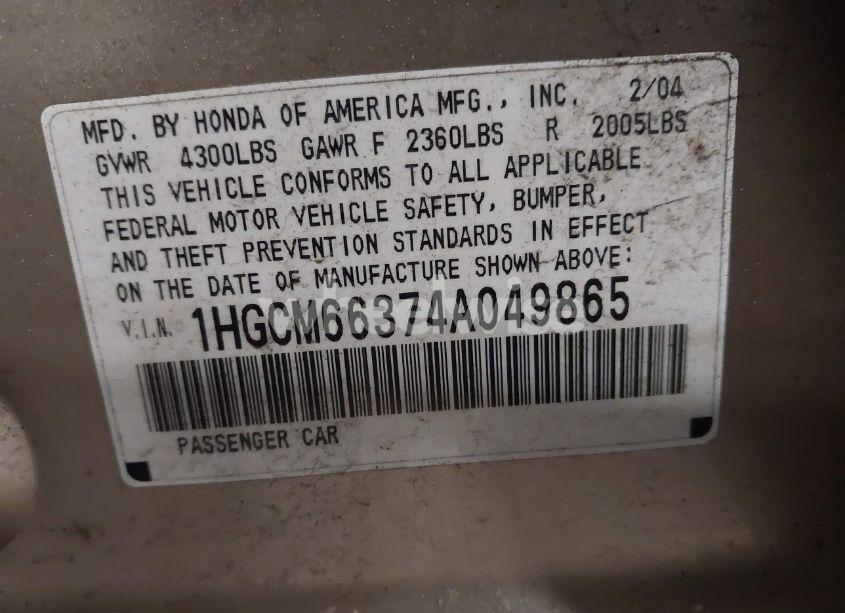 Photo 9 of 2004 Honda Accord 3.0 LX (VIN 1HGCM66374A049865)