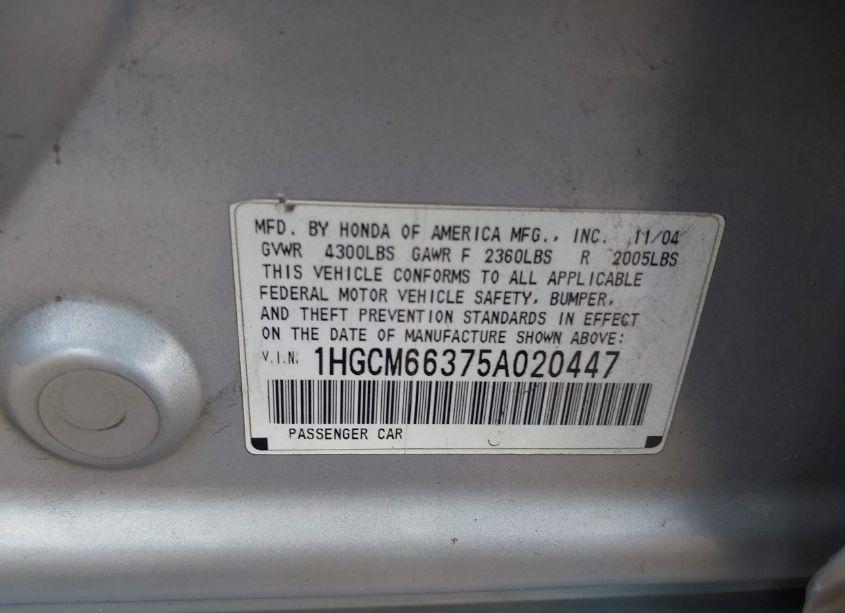 Photo 9 of 2005 Honda Accord 3.0 LX (VIN 1HGCM66375A020447)