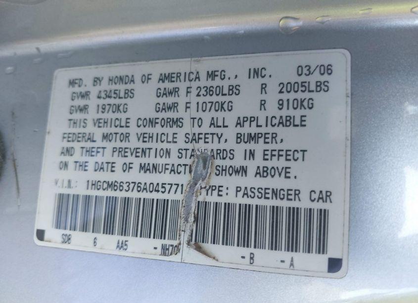 Photo 9 of 2006 Honda Accord 3.0 LX (VIN 1HGCM66376A045771)